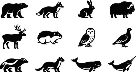 Set of black silhouette arctic and northern animal icons. © nami8