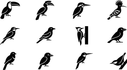 Set of black and white bird icons. © nami8