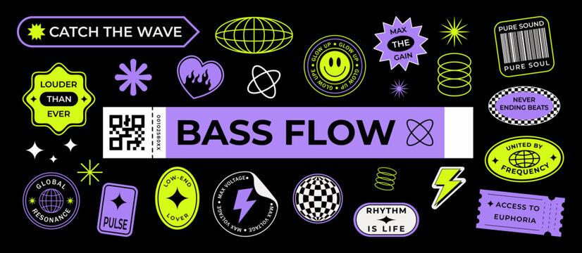 Y2K Streetwear Sticker Set Featuring Retro Futuristic Music Inspired Vector Graphic Elements