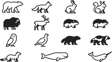 Set of Arctic animal silhouettes and line art icons. © nami8