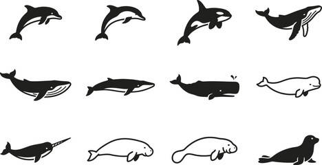 Set of hand drawn marine mammals and sea creatures silhouettes. © nami8