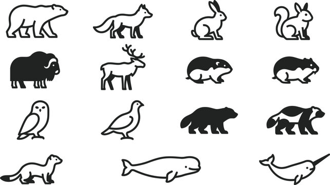 Set of Arctic animal silhouettes and line art icons.