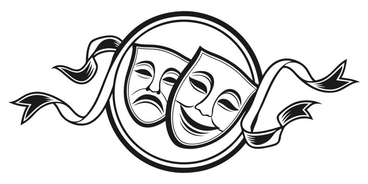 Theatrical masks depicting comedy and tragedy represent the duality of performing arts within a circular frame.