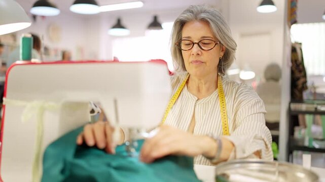 Senior woman tailor sewing fabric in workshop