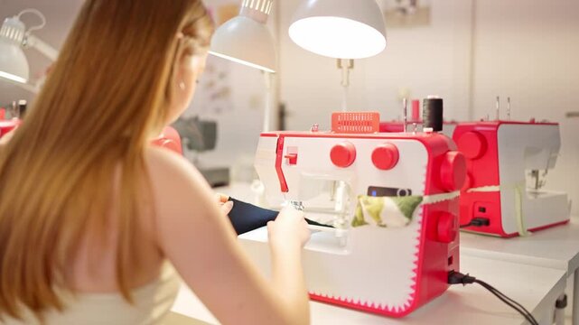 Woman sewing fabric with a machine in a workshop