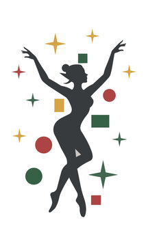 Dark charcoal grey silhouette of a whimsical forest elf in a graceful dancing pose with surrounding stars on a clean white background, fantasy character concept