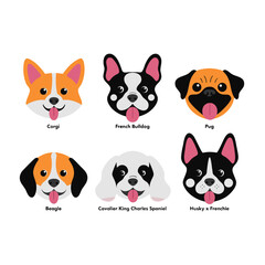 Fototapeta premium Set of cute dog breed faces in flat vector style