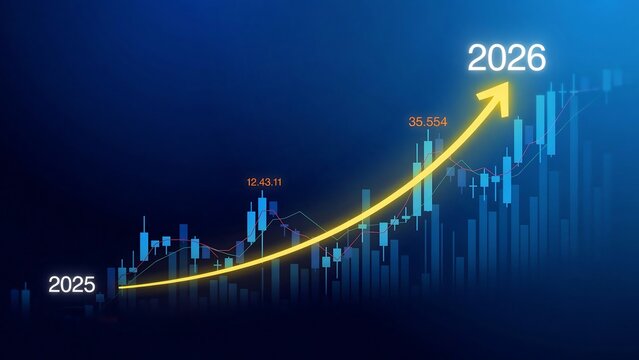 The graph shows a steady increase in data points from 2025 to 2026 with a yellow arrow.