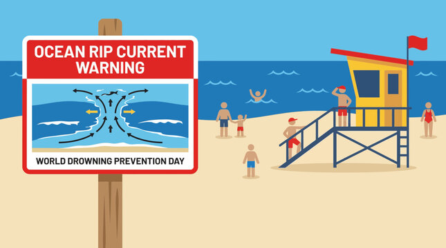 Ocean Rip Current Warning at the Beach - Flat Vector Illustration for World Drowning Prevention Day