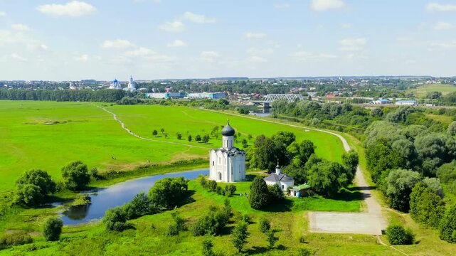 Russia, Bogolyubovo. Drone footage of Church of the Intercession on the Nerl. Orthodox church and a symbol of medieval Russia. Drone footage, Point of interest