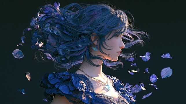 An anime style illustration of a beautiful young woman surrounded by floating petals creates a soft, romantic visual ideal for fantasy art storytelling.