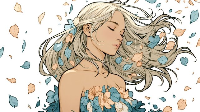 An anime style illustration of a beautiful young woman surrounded by floating petals creates a soft, romantic visual ideal for fantasy art storytelling.