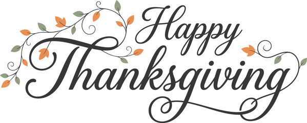 Elegant happy thanksgiving calligraphy with autumn leaves and decorative flourishes © md