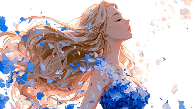 An anime style illustration of a beautiful young woman surrounded by floating petals creates a soft, romantic visual ideal for fantasy art storytelling.