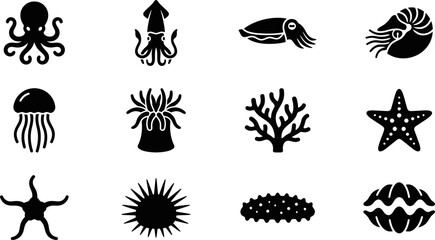 Set of sea animal and marine life icons silhouettes. © Ternak