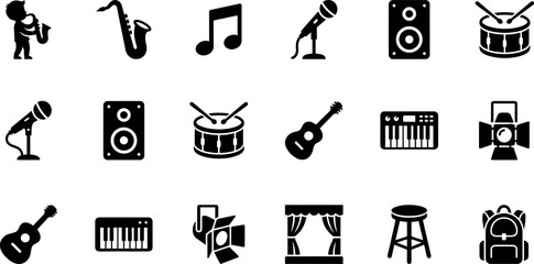 Set of black and white music and performance icons. © Ternak