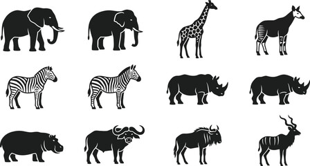 Set of silhouettes of African wild animals including elephant zebra giraffe rhino and hippo. © Ternak