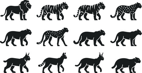 Collection of wild cat silhouettes including lion tiger leopard and lynx. © Ternak