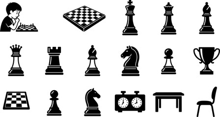 Set of monochrome icons depicting chess pieces board game equipment and a player. © Ternak
