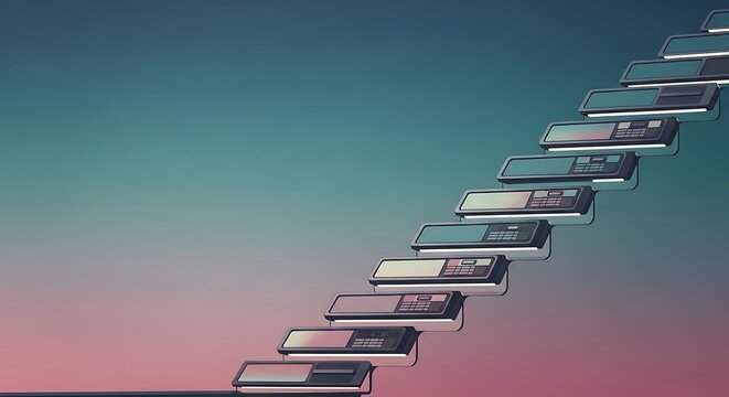 Staircase of retro mobile phones ascending against a gradient sky, symbolizing technological progress
