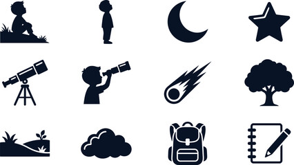 Set of vector astronomy and nature exploration icons for kids. © Hyiu