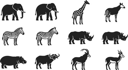 Set of black and white silhouettes of various African wild animals. © Hyiu