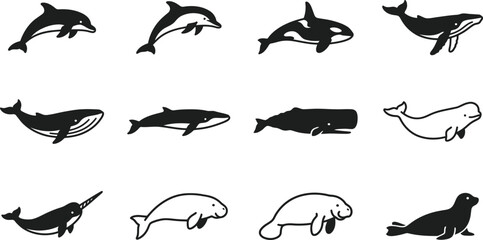 Set of hand drawn marine mammals and sea creatures icons. © Hyiu