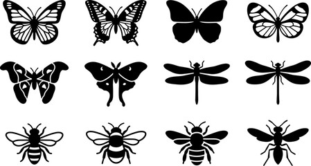 Collection of various insect silhouettes featuring butterflies dragonflies and bees. © Hyiu