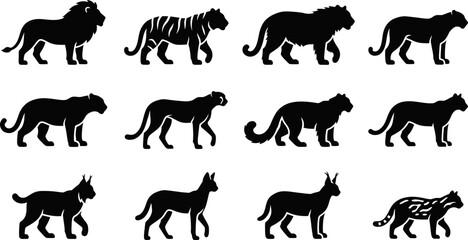 Set of silhouettes of various wild cat species walking. © Hyiu
