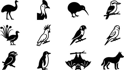 Collection of Australian wildlife animal silhouettes including birds and mammals. © Hyiu