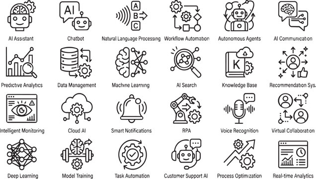 Set of professional artificial intelligence and machine learning line icons for modern web design projects on transparent background