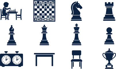 Set of dark blue vector icons representing chess pieces and game equipment. © Pionn