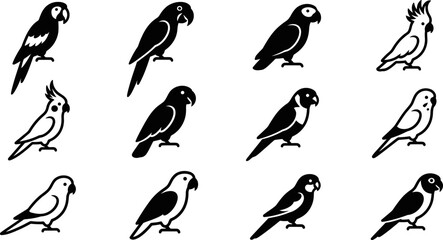 Set of black and white parrot icons. © Pionn