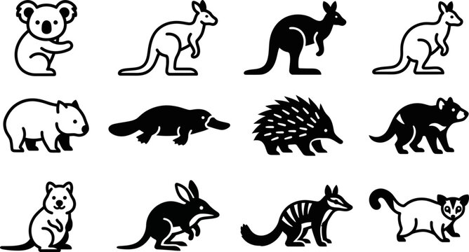 Set of Australian animal icons featuring unique wildlife species.