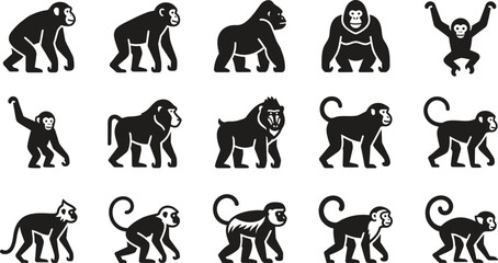 Set of black and white vector icons featuring various monkey and primate species. © Pionn
