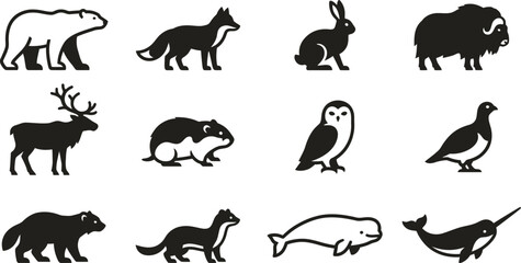 Collection of arctic animal icons in minimalist black and white style. © Pionn