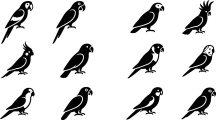 Set of black and white parrot icons collection. © Pionn