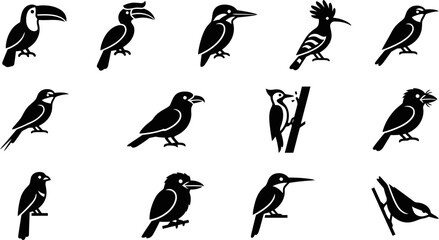 Set of bird icons featuring various species in black silhouette. © Pionn