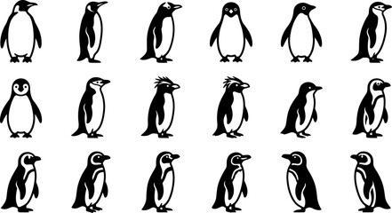 Set of black and white penguin silhouettes. © Pionn