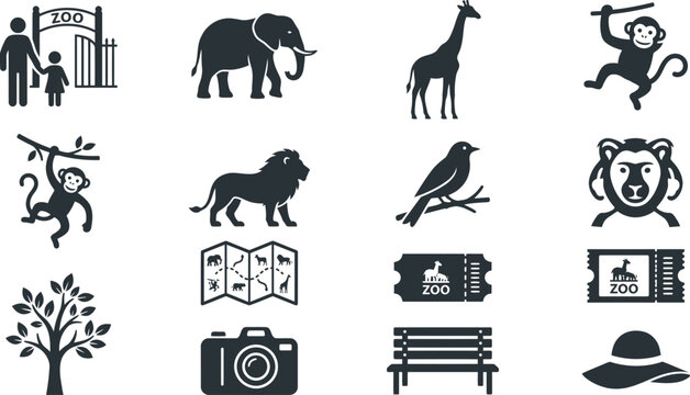 Set of zoo animal and facility icons for design.