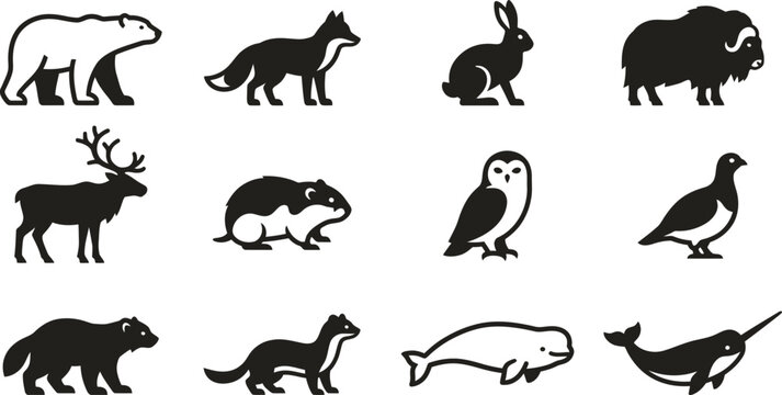 Collection of arctic animal icons in minimalist black and white style.
