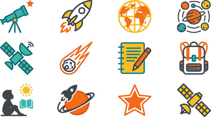 Set of colorful space exploration and education vector icons. © Rahmat
