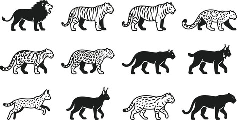 Set of wild cat silhouettes including lions tigers leopards and lynx. © Rahmat