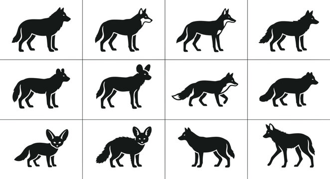 Set of silhouettes of various wild canids and wolves.