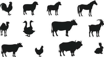 Silhouettes of farm and domestic animals including cow, horse, sheep, goat, camel, rabbit, rooster, and geese © Mr Ashik02