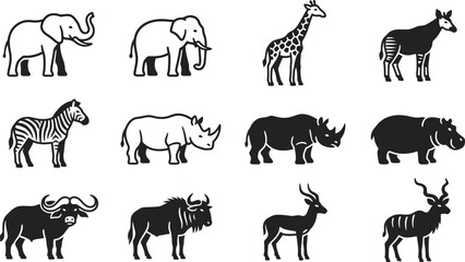 Set of African wildlife animals in black and white silhouette style. © Rahmat