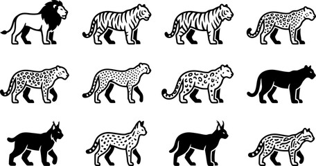 Set of wild cat silhouettes including lions tigers and leopards. © Rahmat