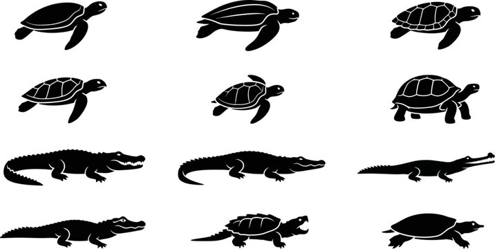 Set of black silhouettes of turtles and crocodiles on white background.