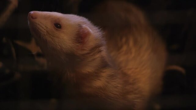 Close-up of a curious ferret looking upwards in soft, warm lighting
