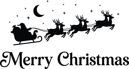 Illustration of santa claus riding a sleigh pulled by reindeer under the moon © md